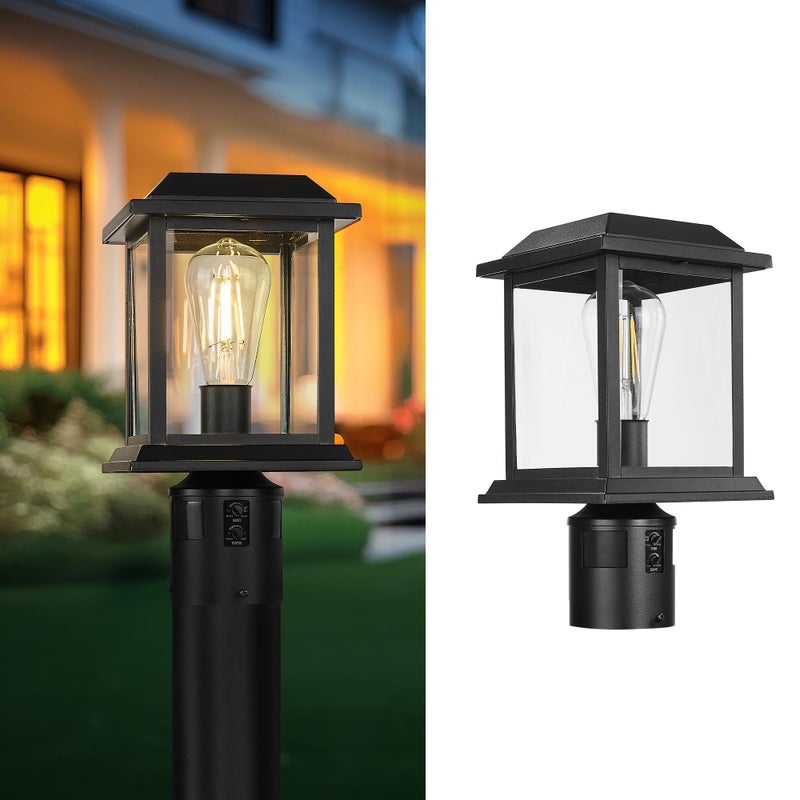 zeyu 12.2-Inch Outdoor Lamp Post Light Fixture, 360Â° Detection, 4 Modes, Exterior Sensor Post Light, Die-Cast Aluminum with Clear Glass Shade, Black Finish, 0409-P-SE BK - Image 1